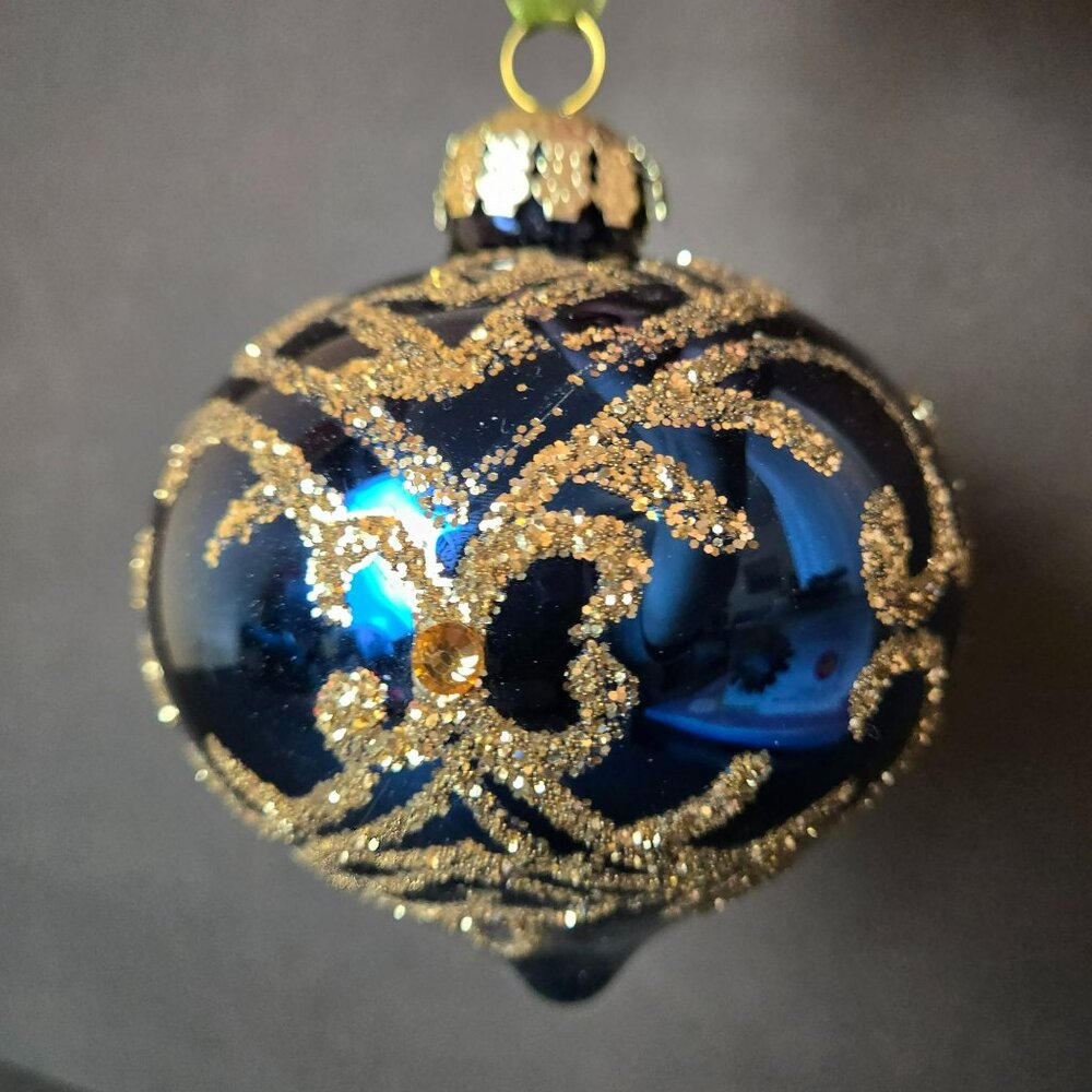 Frontgate Blue Gold Glitter Swirl Glass Ornament 4 Inch Hand Decorated Holiday - Picture 3 of 8